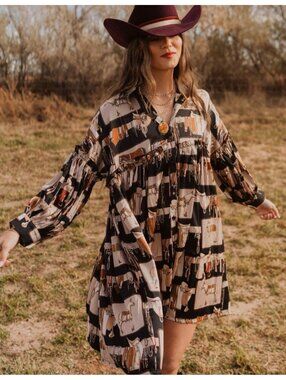 Beulah Style Equestrian Horse Print Button-Down Shirt Dress OSFM One size